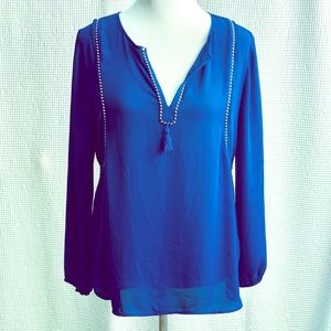 J Crew Semi-Sheer Royal Blue Tassel Blouse, Sz 6